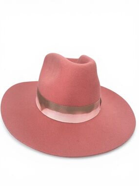 Free People x Vaughn & Co. Wide Brim Wool Fedora Hat Pink Rancher Ribbon Band M